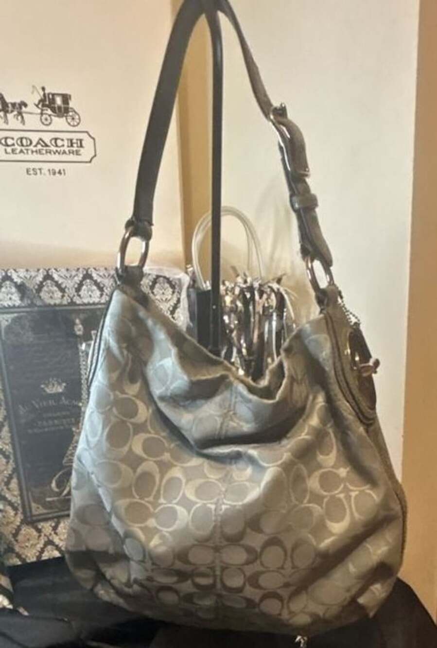 Coach Signature Hobo Shoulder Bag Gray Canvas Snakeskin Trim